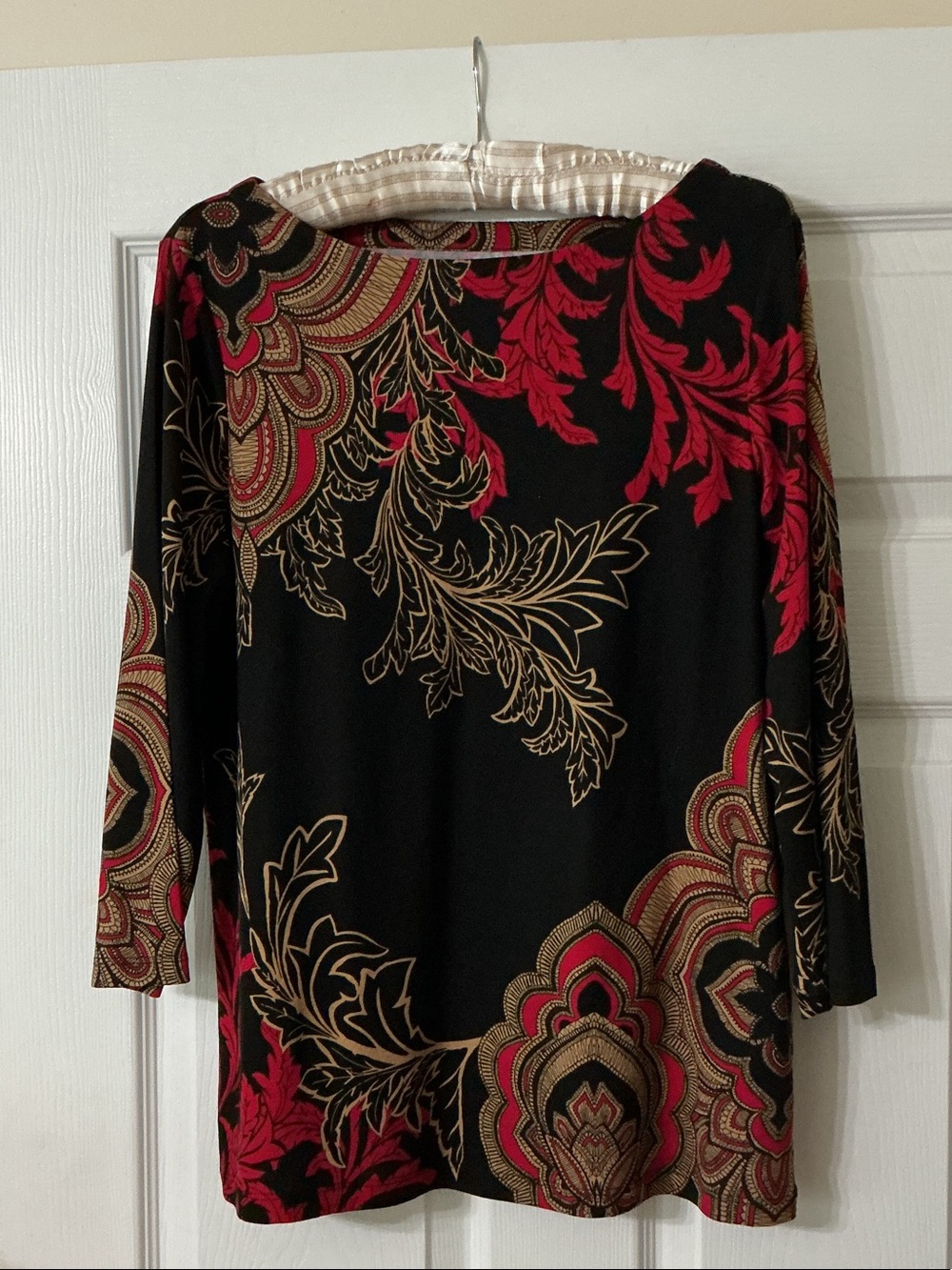 Chico's Black Top with Red & Gold Scroll Motif